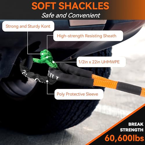 Image of Kinetic Recovery Rope (1 inch x 30ft 48500lbs), Kinetic Tow Rope Recovery Kit with 2 Soft Shackles, Heavy Duty Offroad Snatch Strap, 35% Elasticity Tow Ropes for Trucks SUV UTV ATV Jeep Tractor