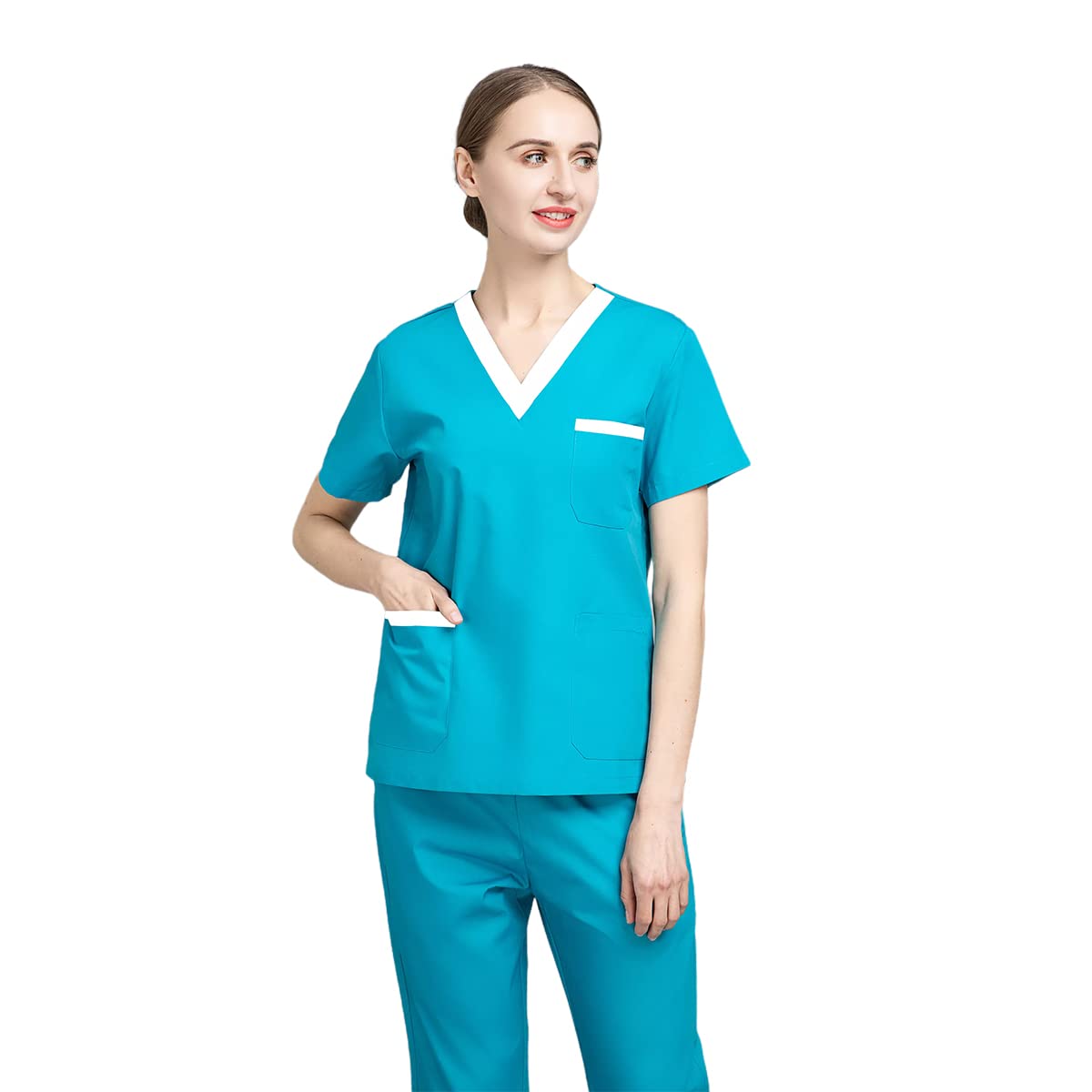 niaahinn Women Scrub Shirt V-neck Tops Uniform Grooming Institution Spa Pet Scrub Set Beauty Salon Clothes Workwear (Lake Blue,XL,X-Large)
