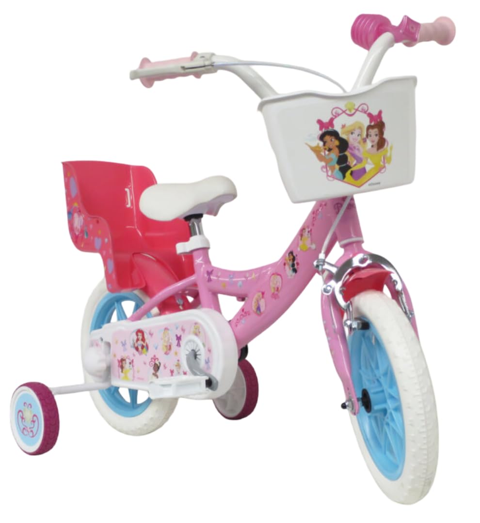 bicicletta da 12 pollici di Disney Principesse con stabilizzatori laterali, portabambole, cestino anteriore personalizzato. Made in Italy