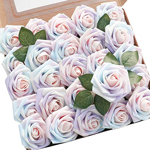 Floroom Artificial Flowers 25pcs Real Looking Whimsical Blush Foam Fake Roses with Stems for DIY Wedding Bouquets Baby Shower Centerpieces Floral Arrangements Party Tables Home Decorations