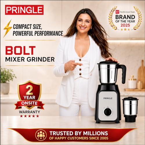 Image of Pringle Bolt 550W 2 Jar Mixer Grinder for Kitchen | 2 SS Jars (Wet & Dry Grinder & Chutney) | Stainless Steel Blades | Compact & Powerful | 2 Yr Warranty | Black Silver