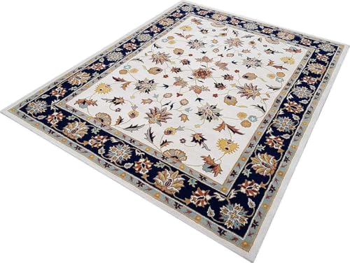 Image of Hand-Tufted Woolen Carpet for Living Room 5x8 feet Ivory & Black Color Traditional Anti-Skid Area Rug High Pile Thick Carpet & Rugs for Hall & Bedroom