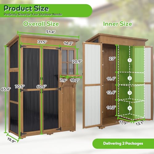 Image of 51 inch L Outdoor Storage Cabinet Waterproof with Shelves, Outside Storage Shed Backyard Tall Cabinet with Fold-Out Table for Patio, Garage, Garden, Pool Accessories Storage