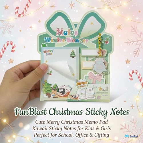 Image of FunBlast Christmas Sticky Notes - Cute Merry Christmas Memo Pad, Kawaii Sticky Note for Kids & Girls, Self Adhesive Notes and Bookmark, Stationery Gift for School, Office & Personal Use (Green)