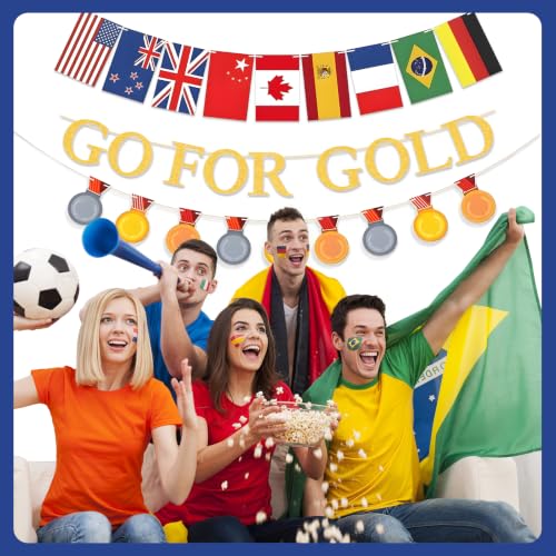 Image of GO FOR GOLD Banner Set and International Country Flags Bunting | Sports Themed Party Decoration,Olympic Sports Themed Decorations for Sports Party Bunting Supplies Decor