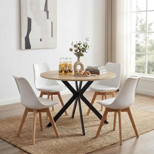 Songvas Set de Mesa y Sillas de Comedor, Mesa Redonda 100cm con 4 Sillas Blanco Estilo Escandinavo, Conjunto para Cocina, Salón o Comedor, Medidas: Mesa 100x100x75 cm, Sillas 56×46×82 cm