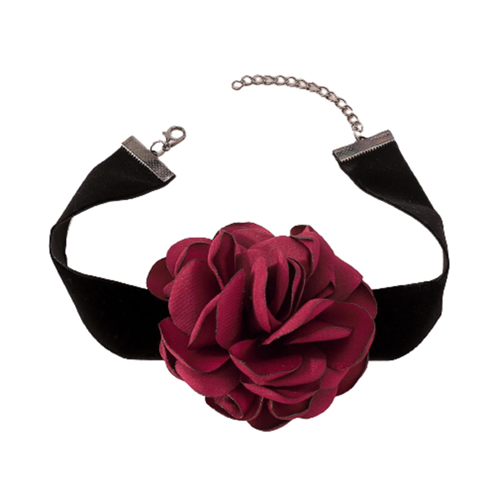 WendalernBoho Black Velvet Choker Necklace Red Flower Necklace 3D Rose Necklace Elastic Satin Collar Necklace Big Flower Exaggerated Necklace Jewelry for Women Girls Cosplay Necklace Gifts, Metal