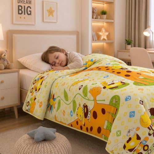 Image of Filymore Giraffe Comforter for Kids Boys - Cute Cartoon Print Single Bed Blanket, Microfiber Dohar for Boys & Girls | Soft Kids Winter & Summer Quilt |60x90 Inches (Yellow)
