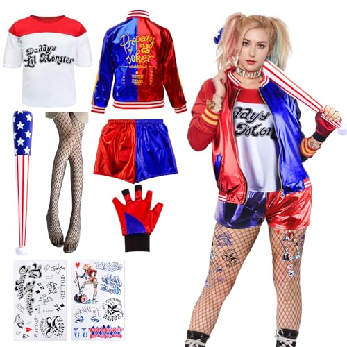 Luclay HK Cos Quinn Kostüme für Erwachsene Mädchen- Damen Karneval Bösewicht Suicide Faschings Cosplay Kostüme mit Jacke T-Shirt Shorts Tattoo...
