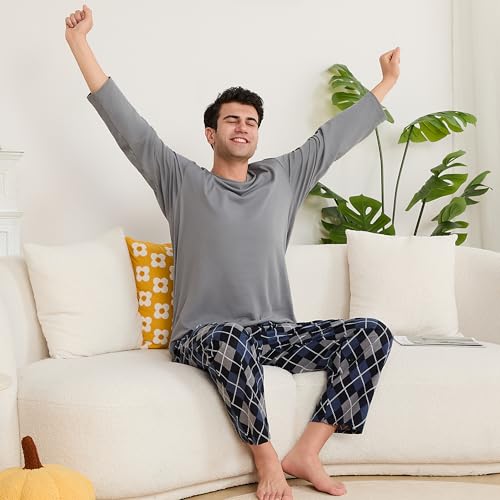 Vulcandon Men's 100% Cotton Pajama Sets, Soft Warm Long Sleeve Sleepwear Pjs Comfy 2 Piece Pajama Set for Men with Pockets4