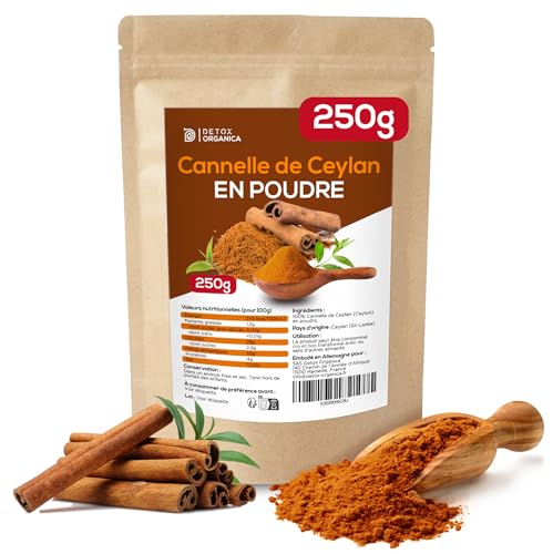 Detox Organica Cannelle de Ceylan 250g ( 100% Pure et Naturelle - Qualité Supérieure ) Cannelle en poudre du Sri Lanka en Sachet Fraîcheur Sous Vide – Vegan, Sans additif (250)