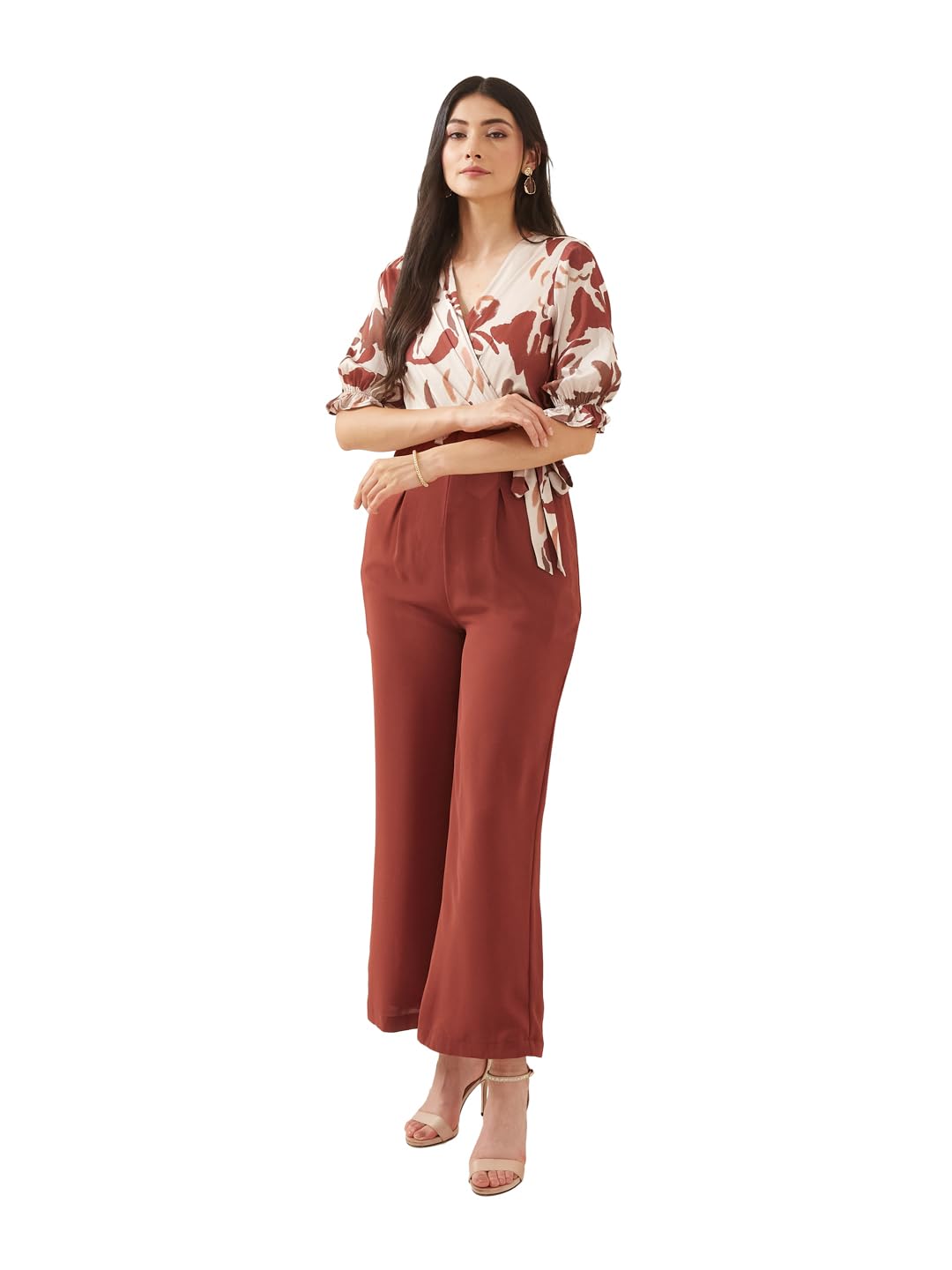 latin quarters Women Rust V- Neck Short Sleeves Wrap Printed Casual Jumpsuit-picture-30