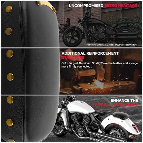 Image of DREAMIZER Universal Black Motorcycle Solo Passenger Seat Rear Cushion 8 Suction Cups Compatible with Harley Sportster XL 883 1200 Forty Eight Dyna Chopper Bobber Custom (Black-Vintage)