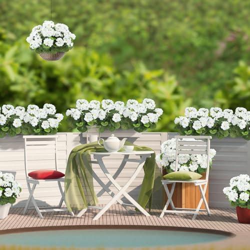 Image of Bassion Artificial Flowers for Outdoors, 6 Pcs White Fake Geraniums | UV resistant, silk flowers, realistic artificial geraniums, planter window box balcony outdoor garden outside decoration
