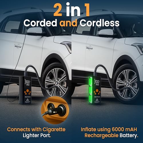 Image of Autofy NEUTRON 2 Years WARRANT'Y with Dual Power Mode Cordless & 4Mtrs Power Cord [22mm Cylinder Most Heavy Duty] Car Tyre Inflator Pump - 6000mAH Mobile Powerbank - 150 PSi - 4 Mins Fast Inflation