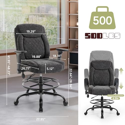 Image of Drafting Chair,Executive Tall Office Chair Flip-up Armrests for Counter Height Desk Drawing Use,High Task Chair with Adjustable Foot Ring &Inflatable Lumbar Support,Swivel Computer Stool, Fabric Black
