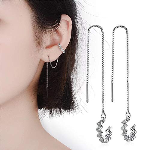 STLG 925 Sterling Silver Wave Cuff Earrings Wrap Tassel Earrings Threader Earrings For Women