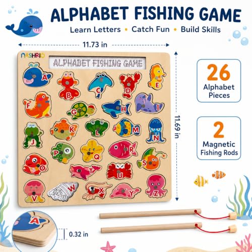 Image of NASHRIO Magnetic Wooden Alphabet Fishing Game for Kids Ages 3-5, ABC Letter Puzzle Board with 26 Sea Animal Pieces, Preschool Learning Fine Motor Toy for Boys Girls 3 4 5
