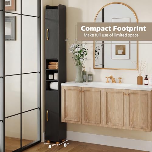 Image of Tangkula Narrow Bathroom Cabinet, 69.5 inch Tall Storage with 2 Doors & Adjustable Shelves, Toilet Paper Rod & Side Hook, Anti-toppling Design, Slim Floor Cabinet for Small Spaces (Black, 1 Pack)