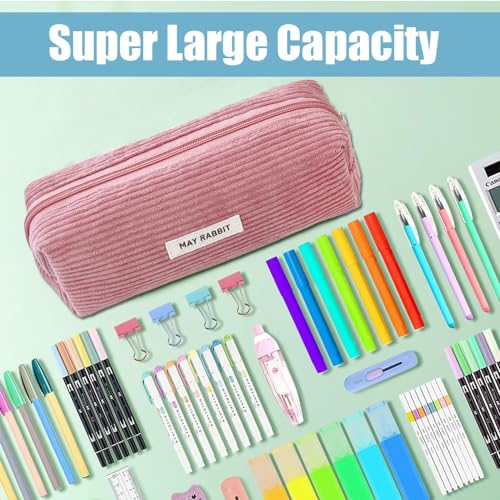 Topfunyy Cute Pencil Case Pink Corduroy Student Large Pen Pouch Bag Cosmetic Bag Office Stationery Organizer for Teenage Boys Girls - Image 4