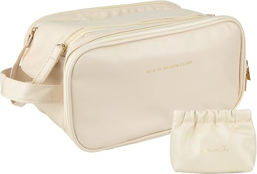 KEYPOWER Travel Makeup Bag Toiletry Bag Large Capacity Cosmetic Portable Waterproof Large Opening Vertical Free-Standing & Small Clutch for Women White