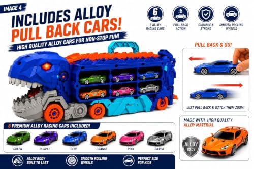 Image of TEC TAVAKKAL Big Hauler Storage & Transform Transport Truck Toy for Kids |3-in-1 Carrier Truck with 2 Foldable Ejection Race Tracks & Die-Cast Cars |61 Inch Dual Racing Track |Educational Toy (Dino)