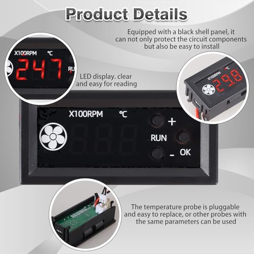 Image of Fan Temperature Controller, ICSTATION DC 12V PWM 4-Wire Fan Speed Controller Module with Temperature Probe Digital Display Temperature Controlled Governor for 3A Fan PC