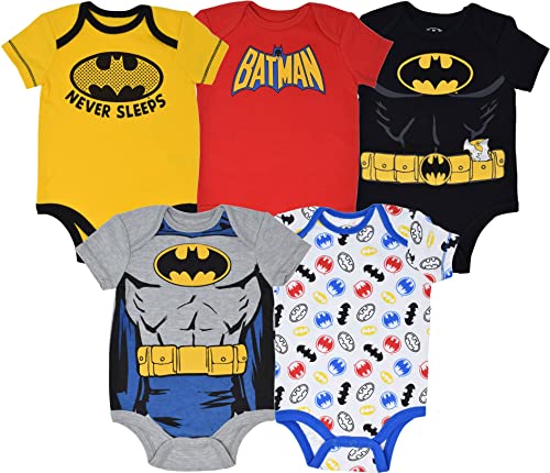 Image of WARNER BROS. Justice League DC Comics Batman Newborn Baby Boys 5 Pack Costume Bodysuits Yellow/Red Black Grey 3-6 Months