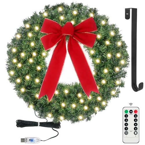 24in-Pre-Lit-Christmas-Wreath-with-Lights-Timer-Remote-50-LEDs-8-Lighting-Modes-Lighted-Christmas-Wreath-for-Front-Door-with-Hanger-Red-Bow-for-Christmas-Decorations 24in Pre Lit Christmas Wreath with Lights Timer Remote 50 LEDs 8 Lighting Modes Lighted Christmas Wreath for Front Door with Hanger Red Bow for Christmas Decorations