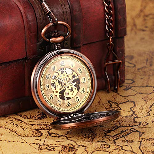 Treeweto Mechanical Eagle Arabic Numerals Dial Skeleton Red Bronze Pocket Watch Watches With Gift Box And Chains For Mens Women #TOP5