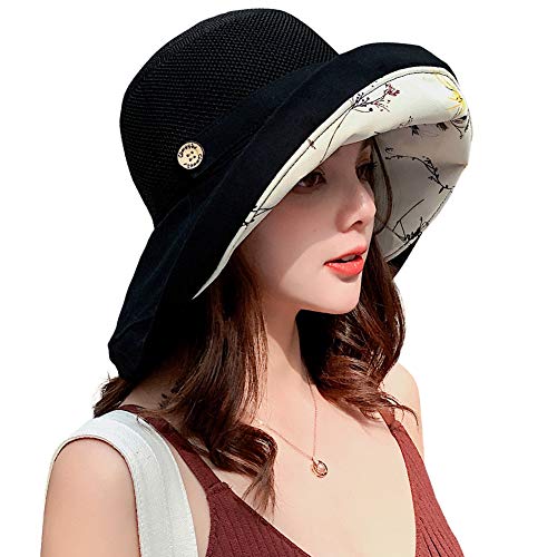 Women Mesh Sun Hats Summer Beach Uv Protection Upf Packable Wide Brim Chin Strap (Black) #TOP2