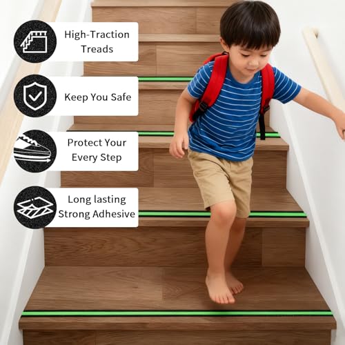 Image of Glow in Dark Anti Slip Tape, 1 inch x 35FT Heavy Duty Waterproof Safety Grip Tape for Stairs, Pool, Bathroom - Black & Glow Stripe Indoor /Outdoor Multi-Purpose Traction Tape