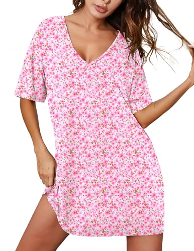 Image of Ekouaer Nightgowns for Women Bamboo Viscose Sleepshirt Short sleeve Nightshirt V Neck T shirt Night gown Boyfriend Sleepwear