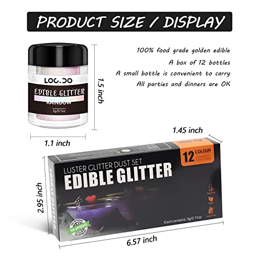 Edible Glitter 11+1 Colors Set, Food Grade Luster Dust, Edible Glitter for Drinks, Beer, Cake Decorating, Chocolates, Fondant, Strawberries, Cupcakes, Vegan and Gluten Free (3g/bottle) - Thumbnail 4