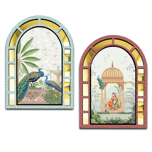 RAG28 Wooden Mughal Art Jharokha Style Wall Decor Set of 2 | Home Decor Items (BJ11, Size: 15.5X 11.5 Inches Each)