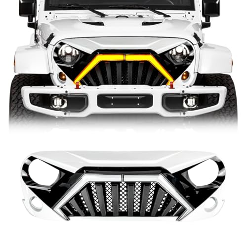EOMD Front Goliath Grille w/DRL Turn Signal Lights Compatible With 2007-2018 Jeep Wrangler JK/JKU not fit Jeep Wrangler JK 2-Door Models White Black