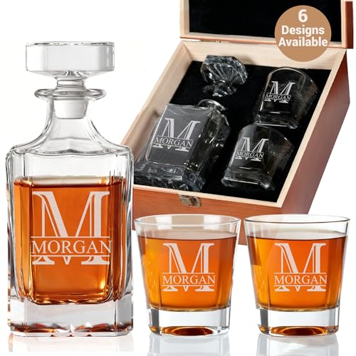 Personalized Whiskey Decanter Set with 25oz Square Decanter, 10 Design