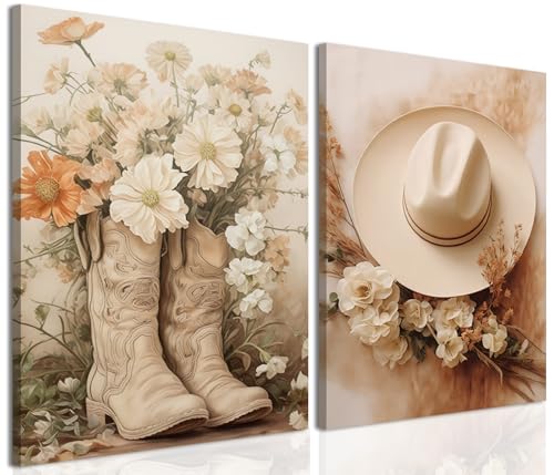 Image of Floral Cowgirl Boots Canvas Wall Art Set of 2, Cowboy Hat with Flower Wall Decor Paintings, Trendy Preppy Western Aesthetic Prints Pictures, for Girls Bedroom Living Room Dorm 12x16 inch Framed