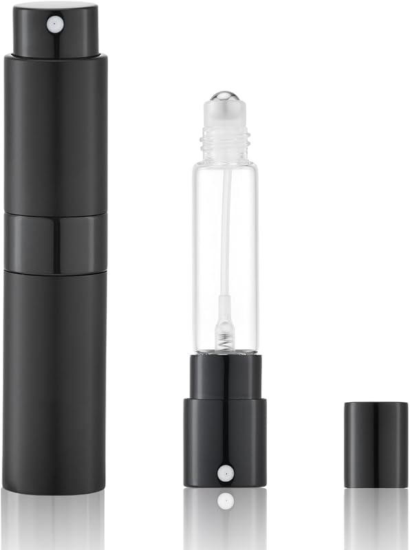 LISAPACK Frasco Recarregável para Perfume 2 em 1 com Spray e Roll-on, 6 mL, Preto