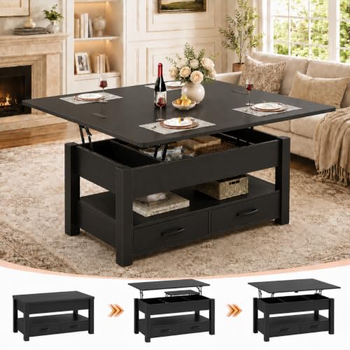 40" Lift Top Coffee Table, 4 in 1 Square Coffee Table with Storage Shelf & 2 Drawers, Modern Coffee Tables with Lift Tabletop, Converts to Dining Table for Living Room, Home Office