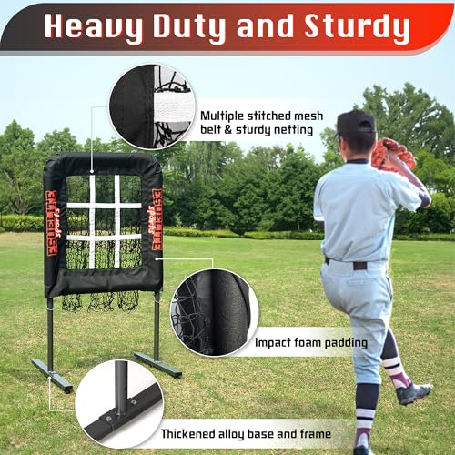 Image of 9 Hole Pitching Net with Strike Zone, Baseball Softball Pitching Target - Adjustable Height Portable Indoor Outdoor Training Equipment for Pitchers of All Levels, Coaches, and Players