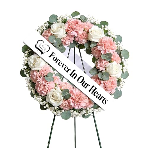 Elegant Funeral Wreath Sash Funeral Sash Memorial Wreath Sash Funeral Ribbon Celebration Forever in Our Hearts Memorial Ribbon for Graves & Wreaths (White)