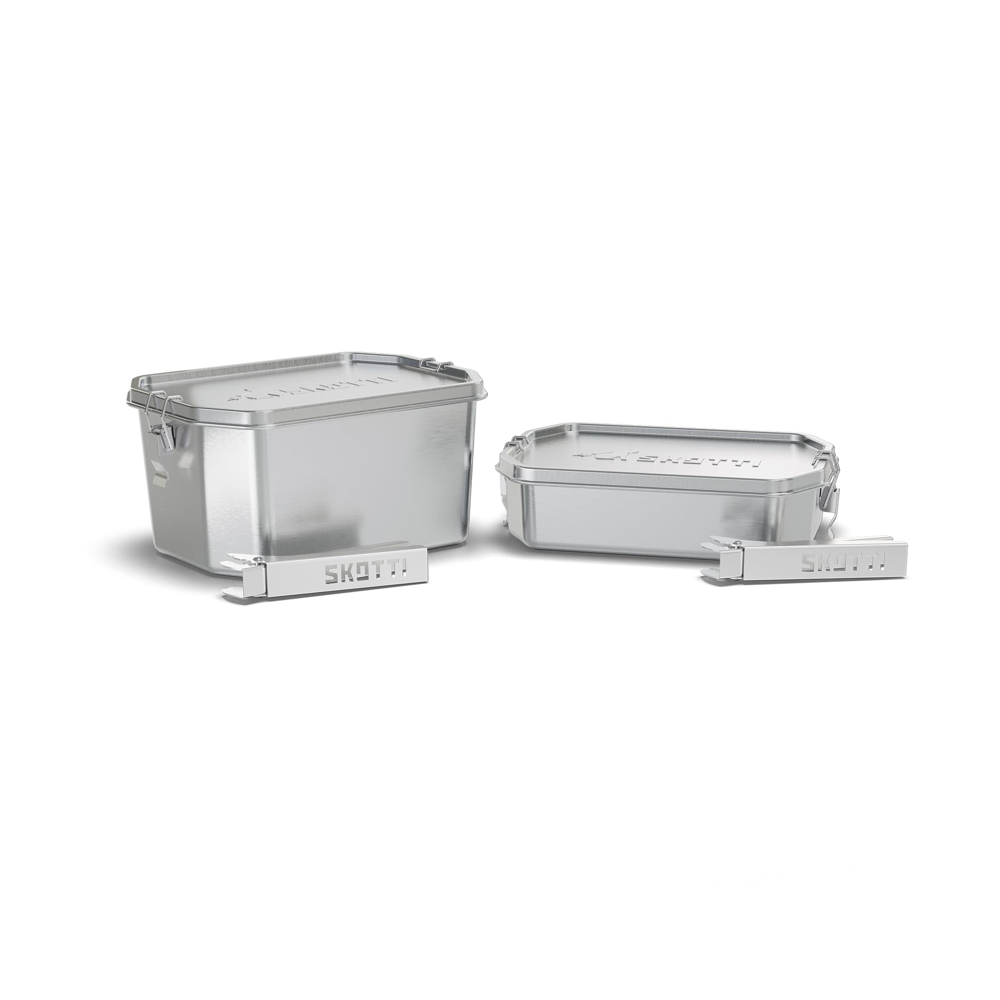 SKOTTI Boks Set 1,0L und 2,5L, Edelstahl, stapelbare und auslaufsichere Brotbox, auch als Topf oder Pfanne nutzbar, Brotdose Edelstahl für Erwachsene und Kinder, Ideal als Lunchbox