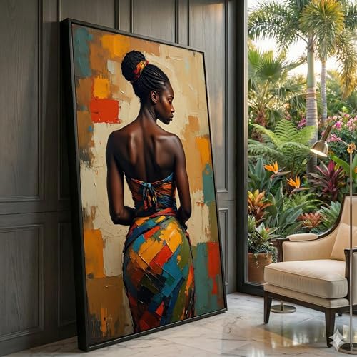 Tableau femme africaine robe abstraite 70x110cm portrait sur toile