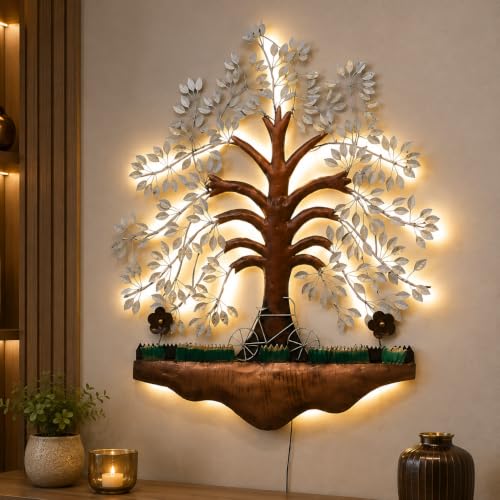 Image of Bharat Art Metal LED Tree Wall Art | Handcrafted Iron Tree Wall Hanging for Living Room, Bedroom, Hall & Office Pesto Tree White B, 31 x 2 x 40 Inch | WD056 (B)