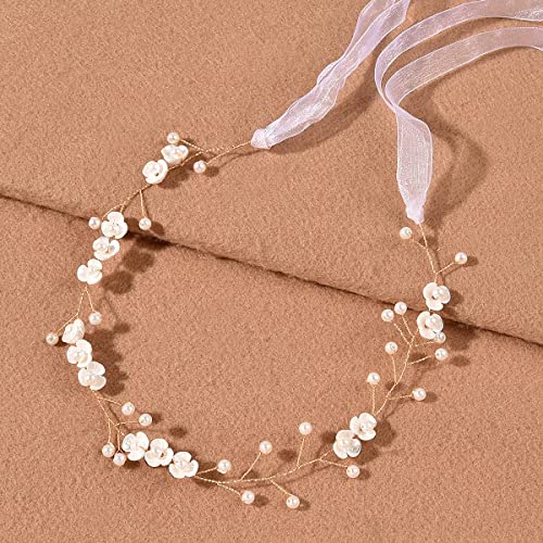 PUTINEI Fita de flores mulher coroas de flores com fita ajustável floral Garland coroa de cabelo para praia festival casamento (fio dourado, 35 cm)