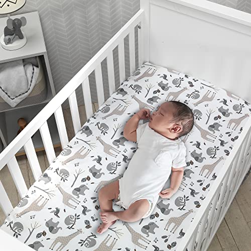 Image of Lambs & Ivy Baby Jungle Animals White /Gray /Taupe Cotton Fitted Crib Sheet