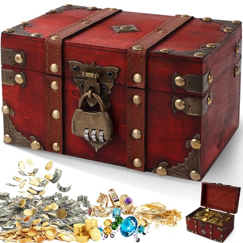 Otauoaea Coffre Trésor Vintage en Bois, Boite avec Cadenas Pirate, Coffre fort Enfant Bois a Code Boîte à Bijoux avec Couvercle Pour Enfant Tirelire pour Stockage,...