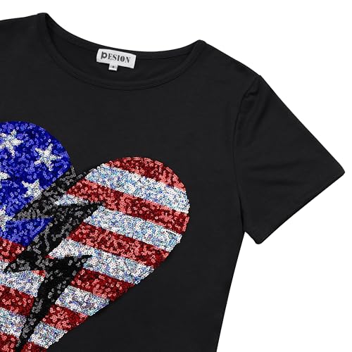 Image of PESION Womens Short Sleeve T-Shirt Sequined Tops O-Neck Funny Graphic Tees Blouse