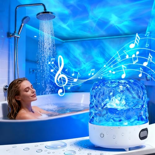 Shower Light with Bluetooth Speaker, Waterproof Shower Lamp with White Noise, 16 Colors Ocean Wave Projector Light with Remote & Touch Control, Music Lamps for Inside Shower Bathroom Bathtub